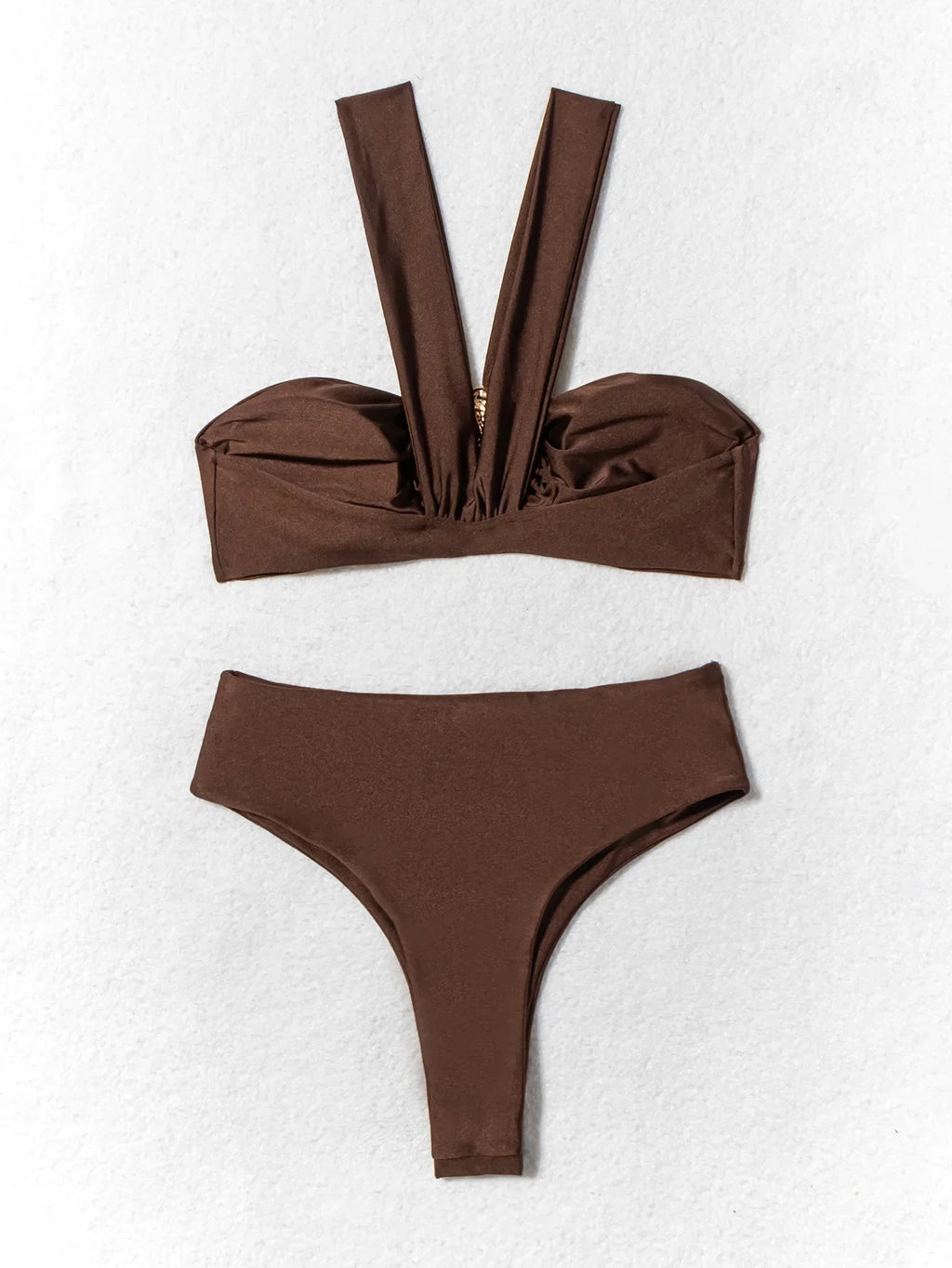 Sexy Brown Women'S Swimsuit Halter Metal Water Droplet Push up Two Piece Bikini Set 2025 Bathing Suit Pleate High Waist Swimwear