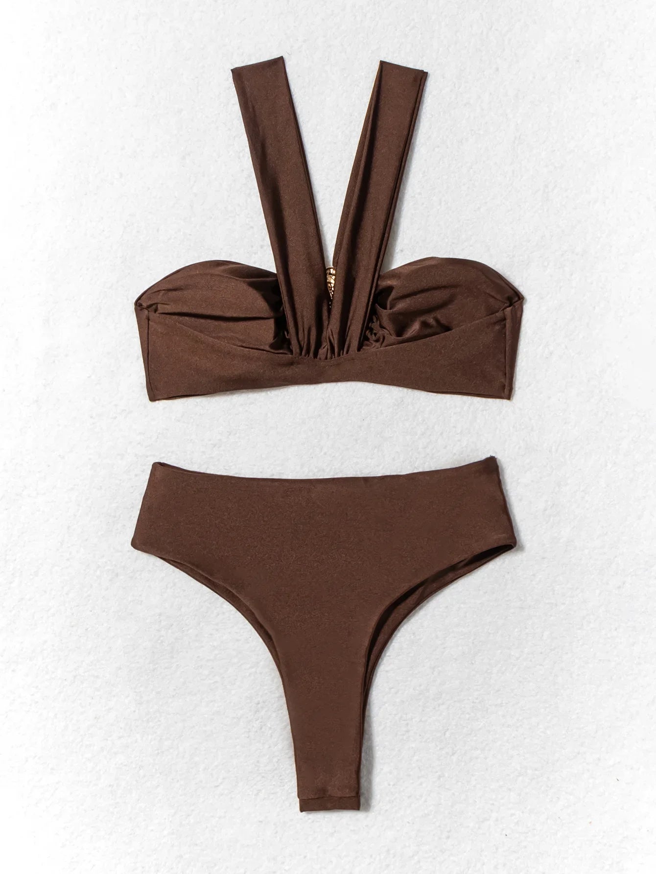 Sexy Brown Women'S Swimsuit Halter Metal Water Droplet Push up Two Piece Bikini Set 2025 Bathing Suit Pleate High Waist Swimwear