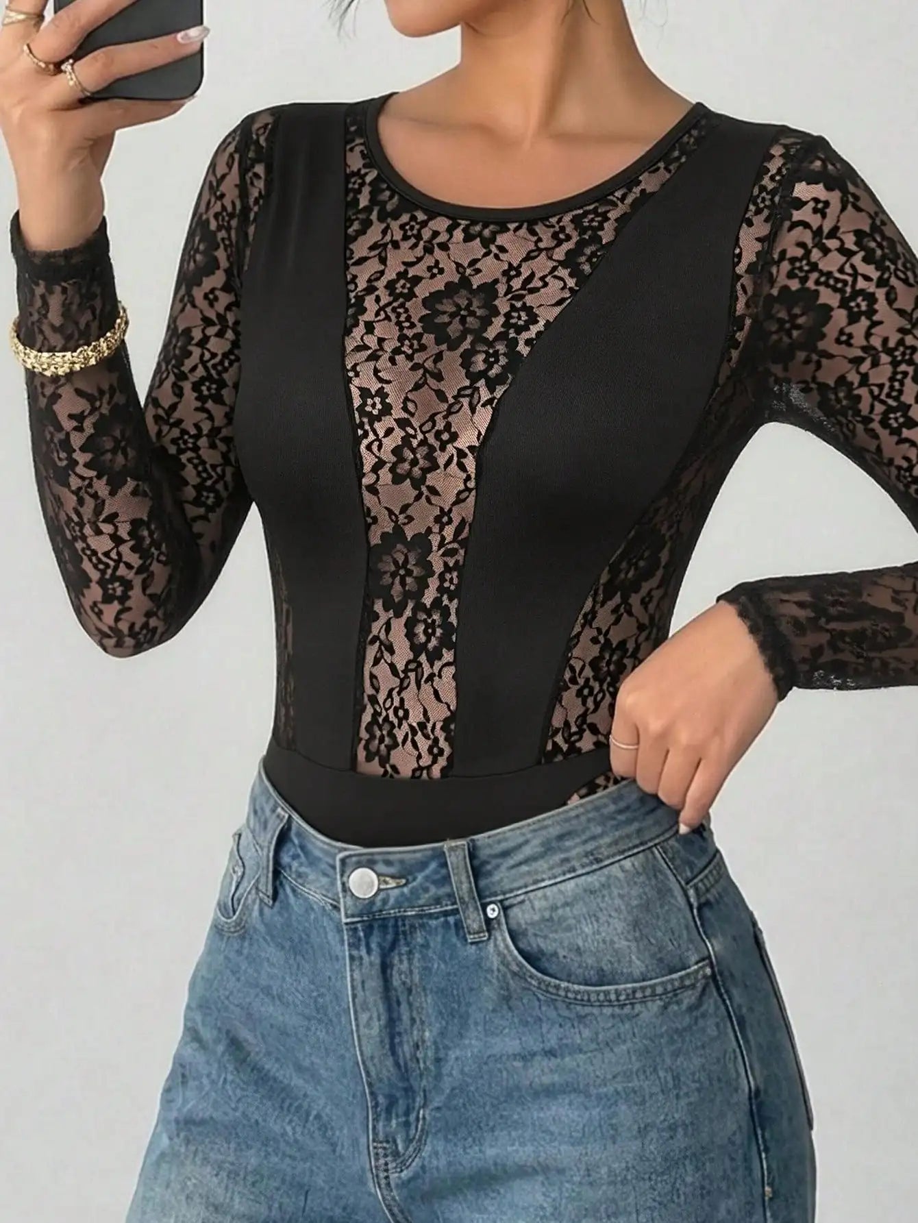 Women'S round Neck Long Sleeve Lace Bodysuit, Elegant Office Blouse Top