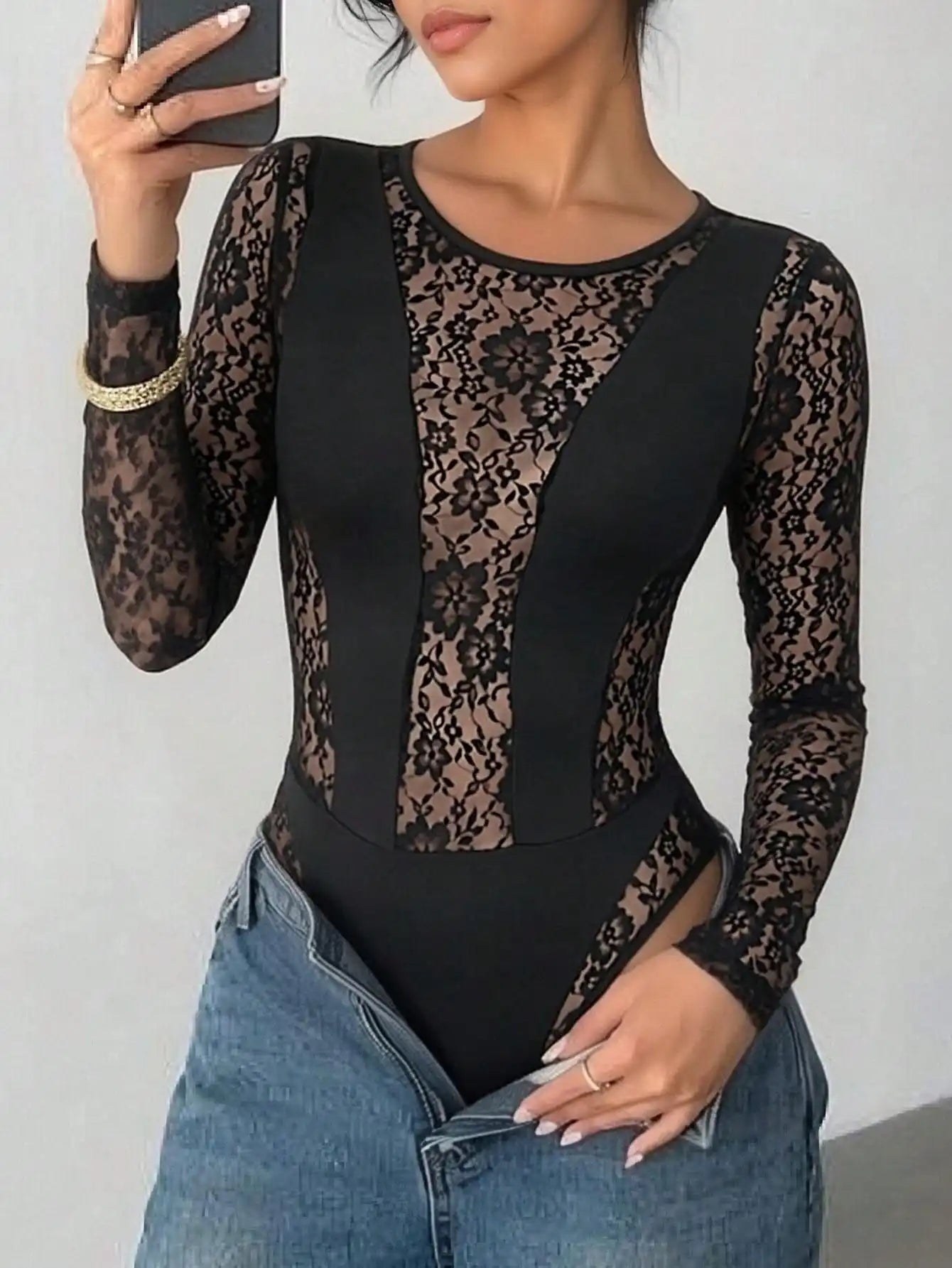 Women'S round Neck Long Sleeve Lace Bodysuit, Elegant Office Blouse Top