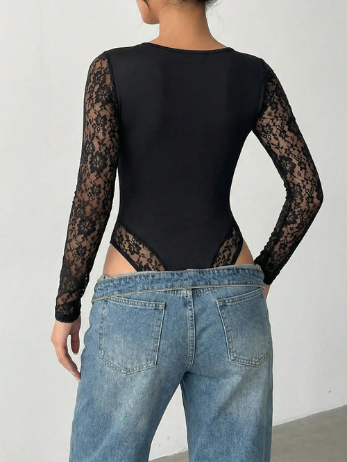Women'S round Neck Long Sleeve Lace Bodysuit, Elegant Office Blouse Top