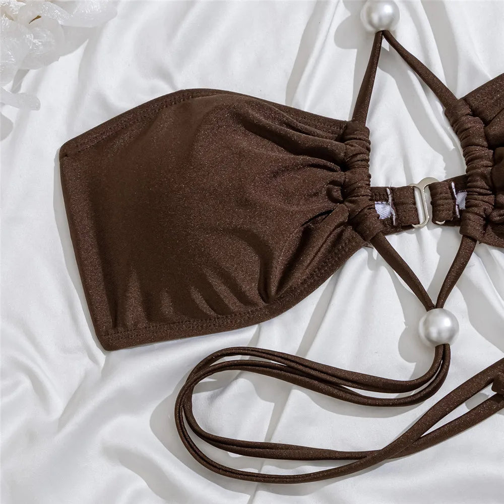 Pearl Bead Sexy Brown String Lace-Up Bikinis Sets Swimwear Woman Micro Thong Swimsuit Bathing Suit Bikini Mujer Biquinis 2026