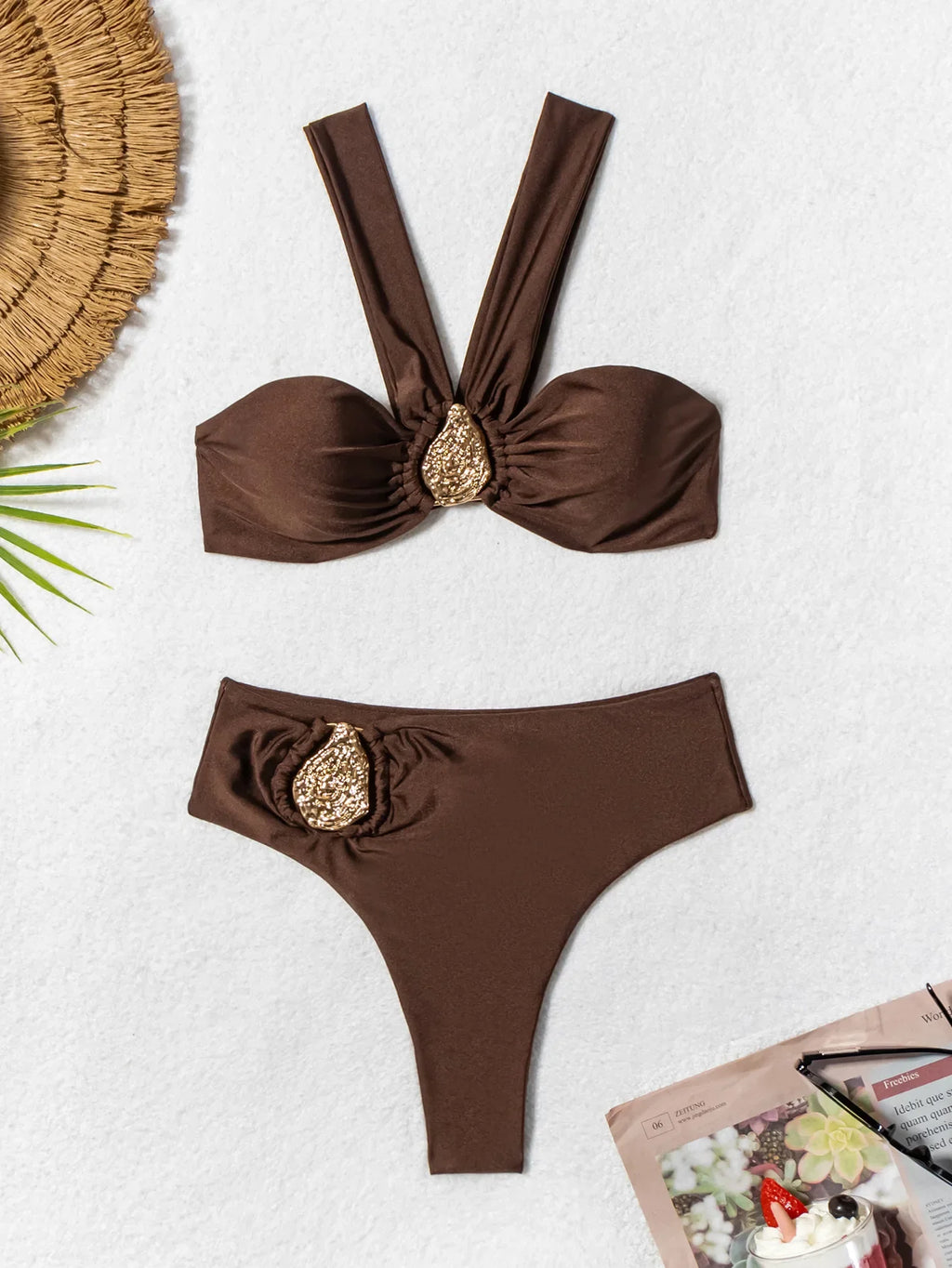 Sexy Brown Women'S Swimsuit Halter Metal Water Droplet Push up Two Piece Bikini Set 2025 Bathing Suit Pleate High Waist Swimwear