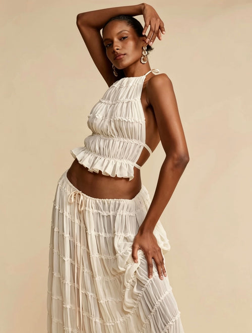 Luxury Italian-Inspired Pleated Halter Set - Open Back