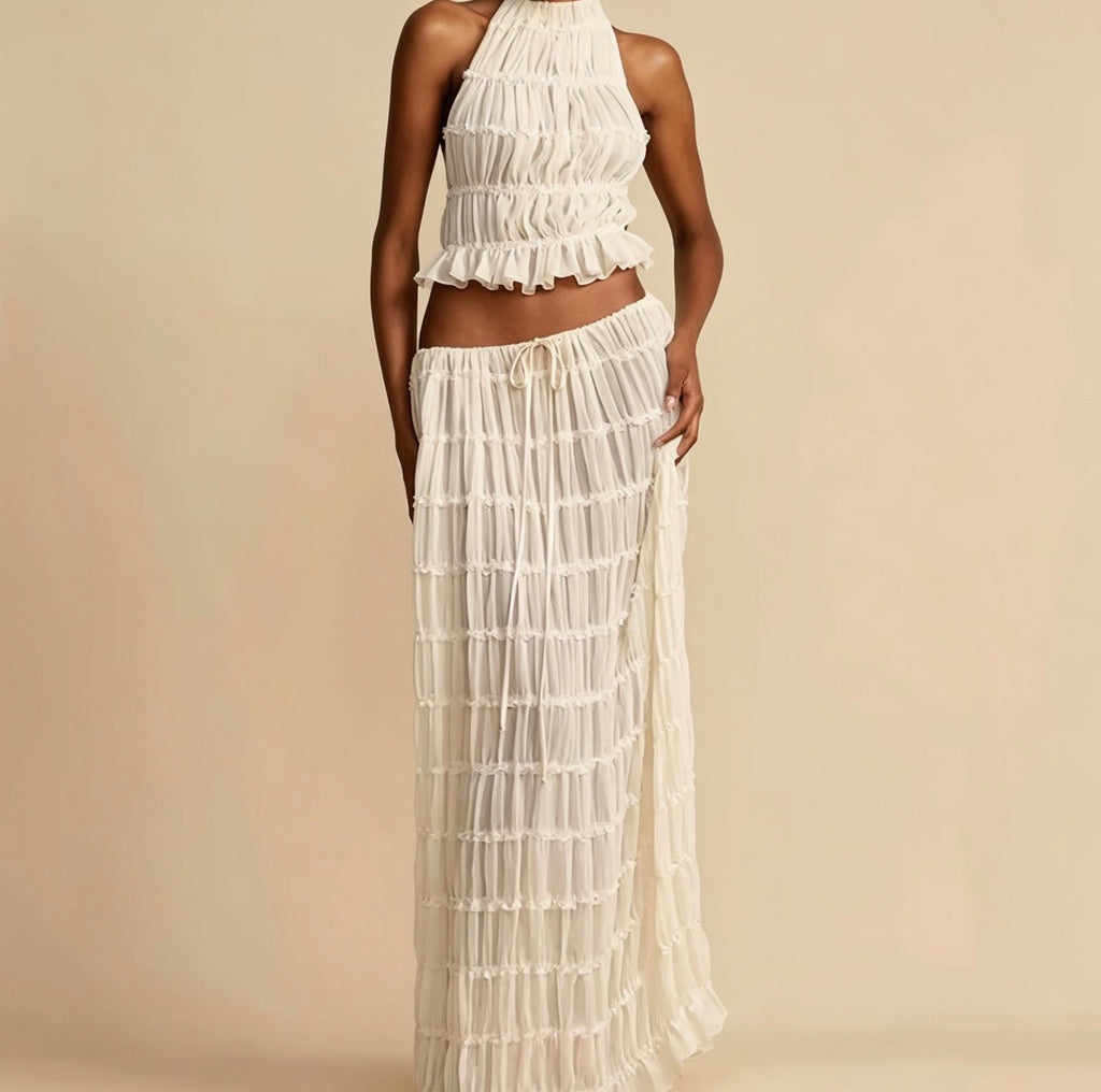Luxury Italian-Inspired Pleated Halter Set - Open Back
