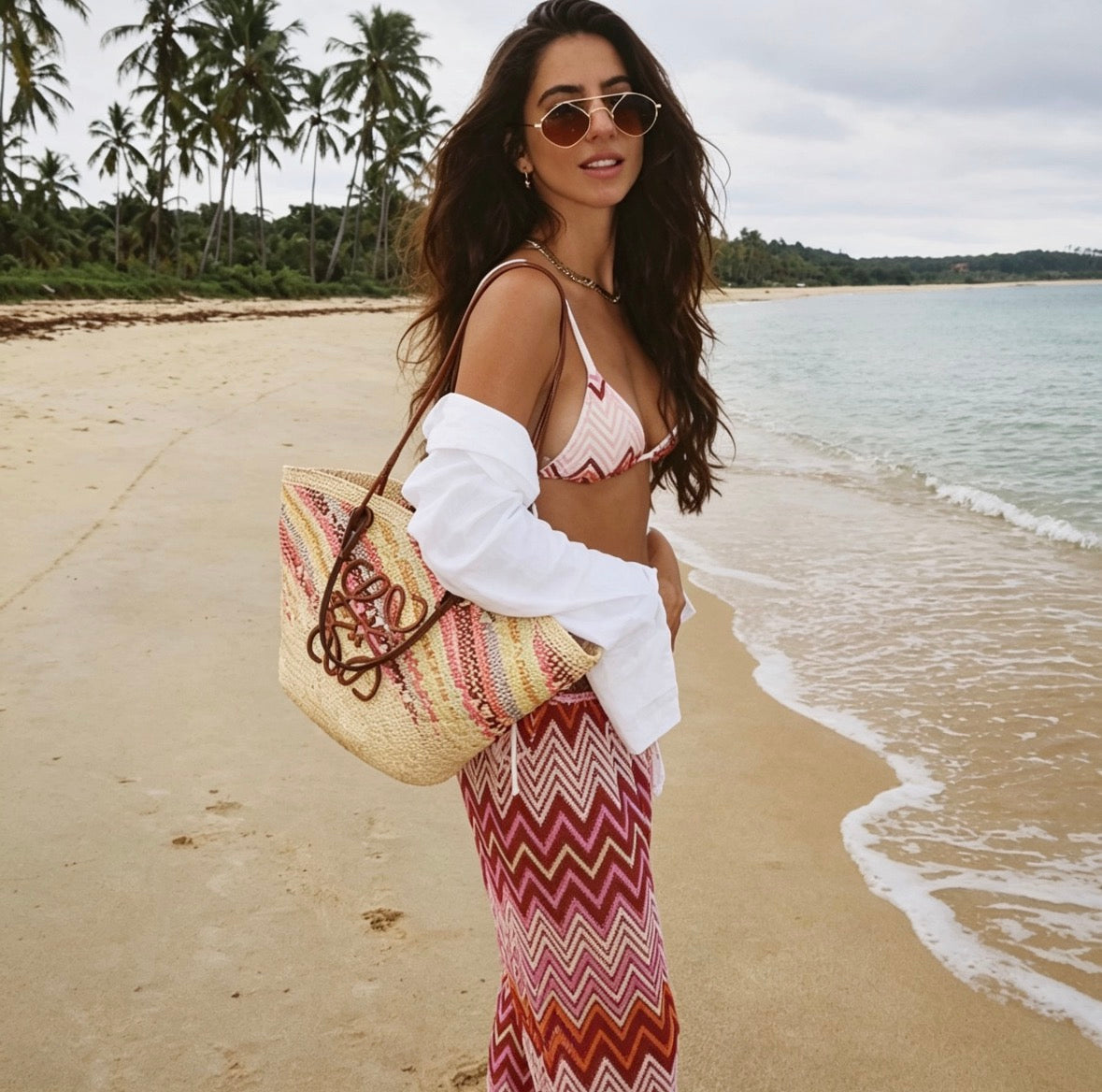 3-Piece Striped Bandeau Bikini Set – With Mesh Cover-Up Pants