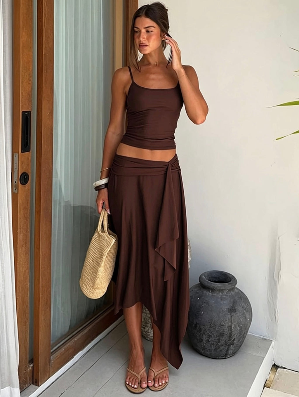Chocolate Brown Ruched Cami & Draped Maxi Skirt Set