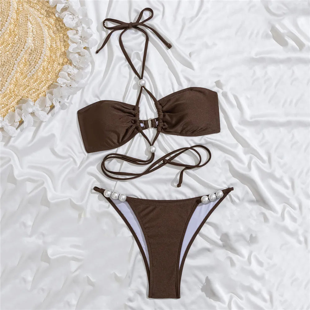 Pearl Bead Sexy Brown String Lace-Up Bikinis Sets Swimwear Woman Micro Thong Swimsuit Bathing Suit Bikini Mujer Biquinis 2026