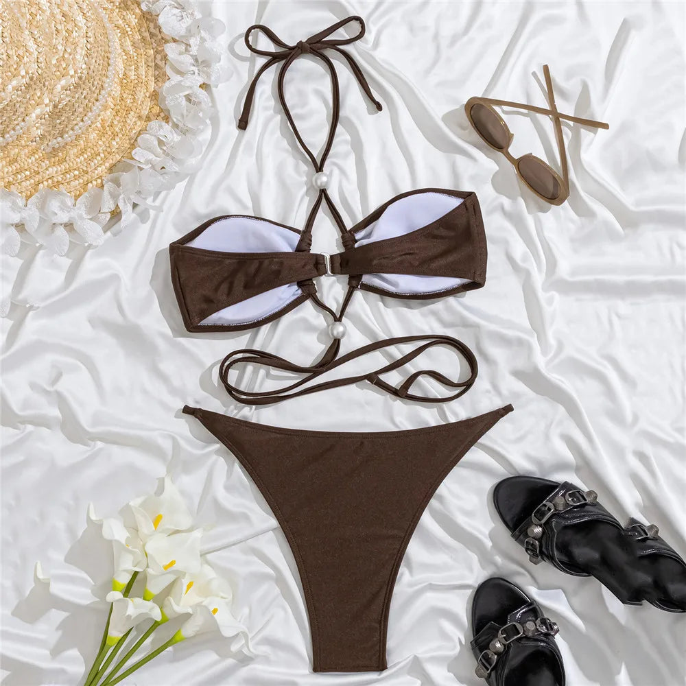 Pearl Bead Sexy Brown String Lace-Up Bikinis Sets Swimwear Woman Micro Thong Swimsuit Bathing Suit Bikini Mujer Biquinis 2026